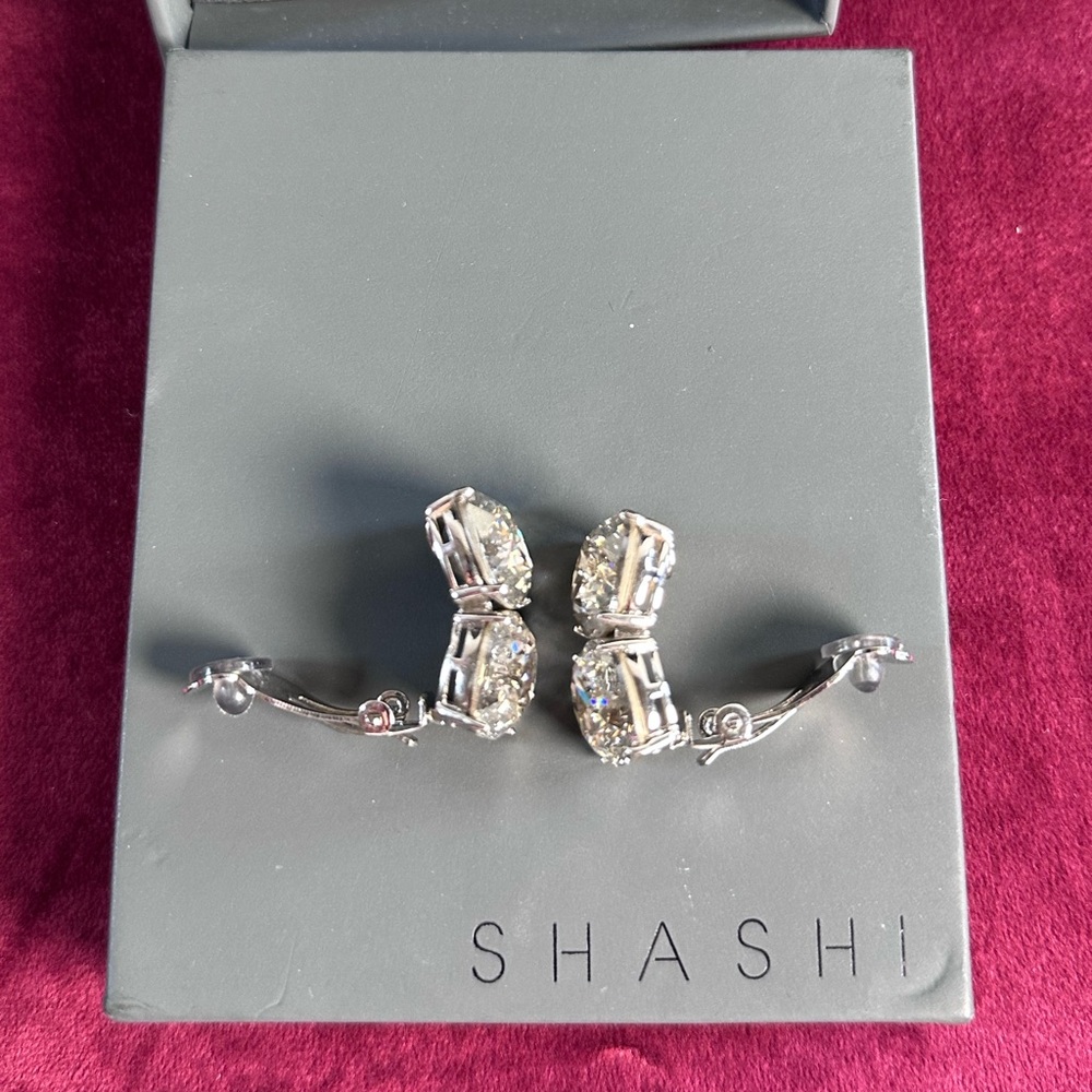 SHASHI Ricky Diamond Stud in Silver large stud dangle clip on earrings - Picture 6 of 8